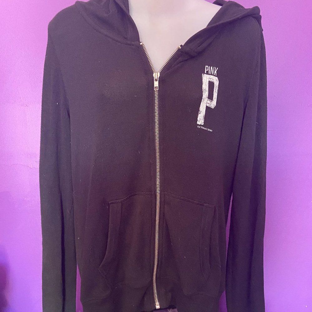 Victoria's Secret PINK Black Full Zip Cardigan Sweatshirt Size Small S Logo